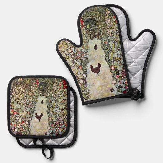 Gartenweg mit Hühnern, Gustav Klimt, Jugendstil Ofenhandschuh & Topflappen-Set (Vorderseite/Rückseite)