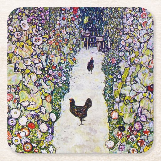 Gartenweg mit Hühnern, Gustav Klimt Rechteckiger Pappuntersetzer (Vorderseite)