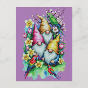 Gartenzwerge mit Papageien und Frühlingsblumen Feiertagspostkarte