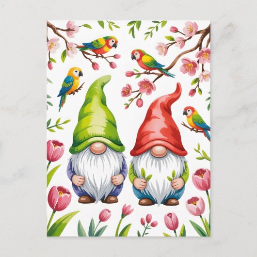 Gartenzwerge mit tropischen Papageien Postkarte (Vorderseite)
