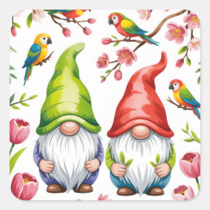 Gartenzwerge mit tropischen Papageien Quadratischer Aufkleber