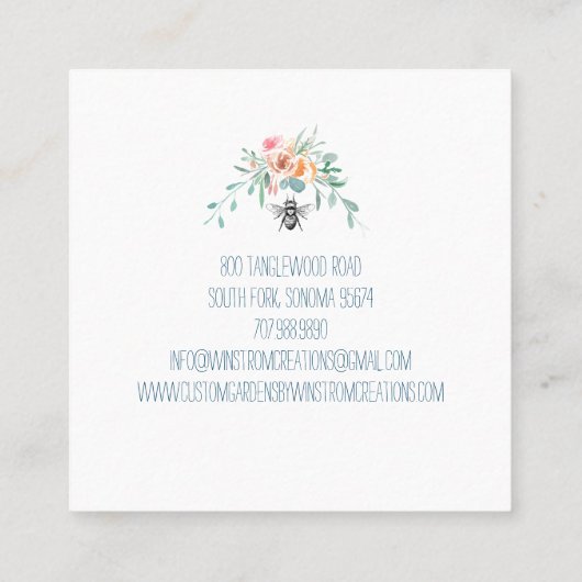 Gärtner handgezogene Honigbiene und Blütenblätter Quadratische Visitenkarte (Rückseite)