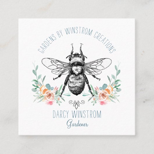 Gärtner handgezogene Honigbiene und Blütenblätter Quadratische Visitenkarte (Vorderseite)