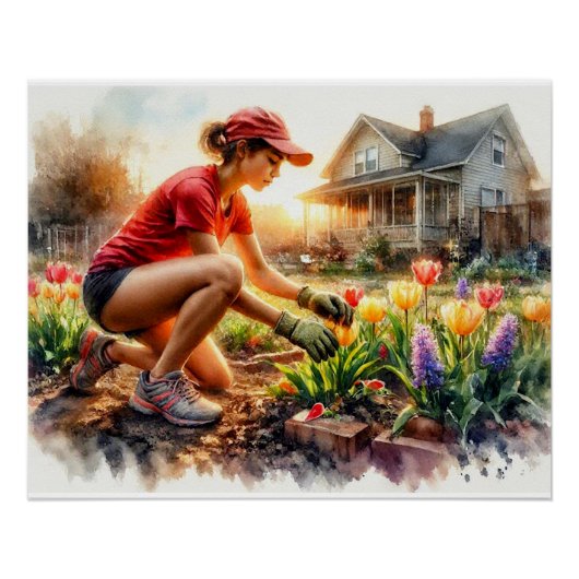 Gärtner pflegt Blumenbeete, Poster (Vorderseite)