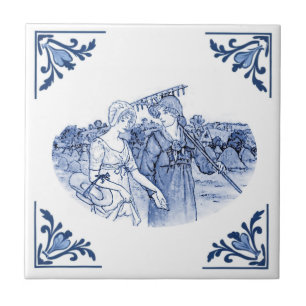 Gärtnerin Mädchen Vintage Delft Eckig Blau und Wei Fliese