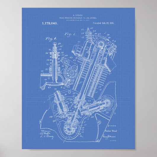 Gas Motor Valve 1916 Patentart Blueprint Poster (Vorne)