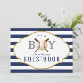 Gast Book Sign | Baseball Boy Baby Dusche Einladung (Stehend Vorderseite)