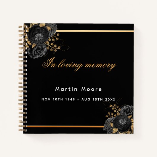 Gast-Buch Gedenkfeier Schwarzes Gold florale Notizblock (Vorderseite)