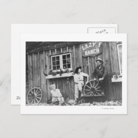 Gäste außerhalb einer Lazy F Ranch Bldg Postkarte (Vorne/Hinten)