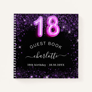 Gästebuch 18. Geburtstag schwarz lila Glitzer Name Notizblock