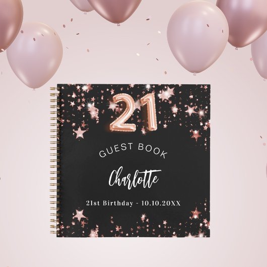 Gästebuch 21. Geburtstag schwarze Rose Goldstars Notizblock
