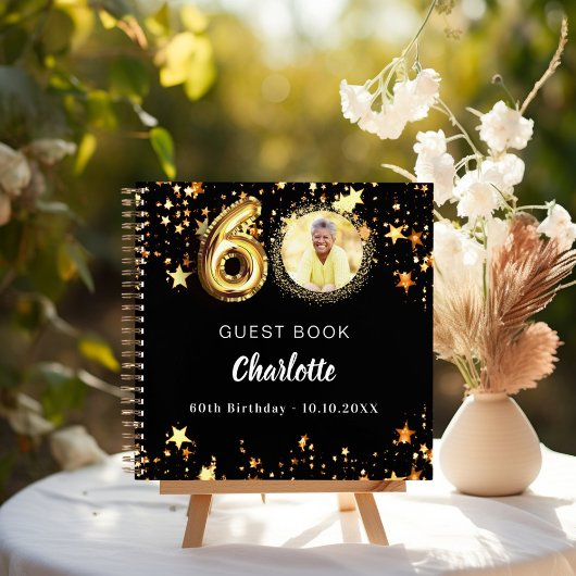 Gästebuch 60. Geburtstag schwarze goldene Sterne F Notizblock