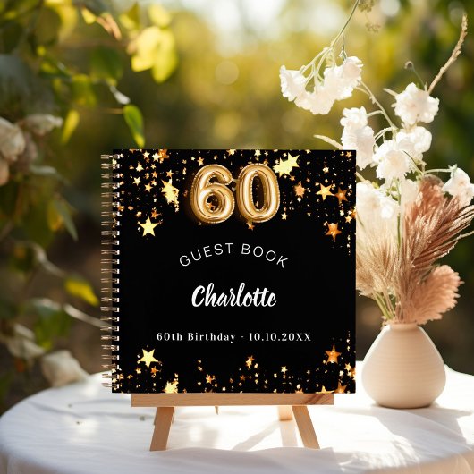 Gästebuch 60. Geburtstag schwarze goldene Sterne Notizblock