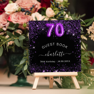 Gästebuch 70. Geburtstag schwarz lila Glitzer Name Notizblock