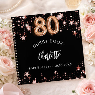 Gästebuch 80. Geburtstag schwarze Rose Gold Sterne Notizblock