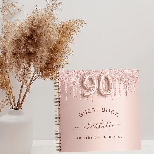 Gästebuch 90. Geburtstag Rose Gold Glitzer Tropfen Notizblock