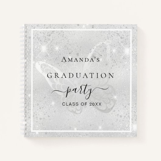 Gästebuch Abschluss Silberschmetterling Glitzer Notizblock (Vorderseite)