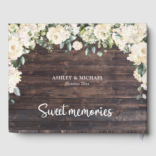 Gästebuch aus rustikalem Holz, weiße Rosen (Rückseite)