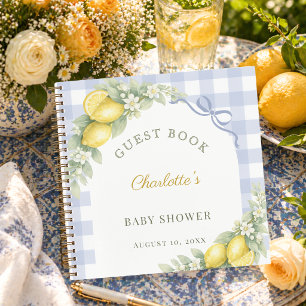 Gästebuch-Baby-Party-Zitronen blau Gingham Junge Notizblock
