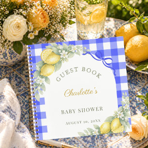 Gästebuch-Baby-Party-Zitronen blau Gingham Junge Notizblock