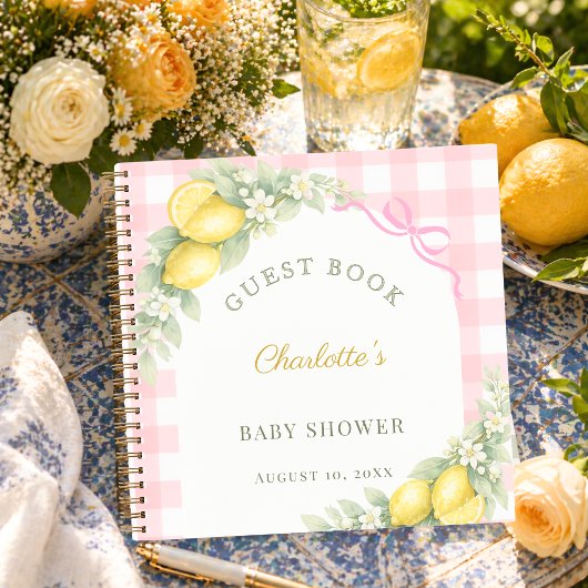 Gästebuch-Baby-Shower-Zitronen rosa Gingham Mädche Notizblock