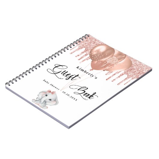 Gästebuch Babydusche Elefant Rose Goldballons Notizblock (Linke Seite)