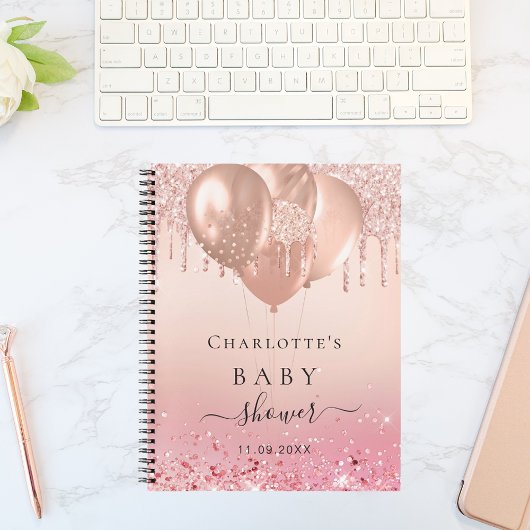 Gästebuch Babydusche Rose Gold Glitzer Notizblock