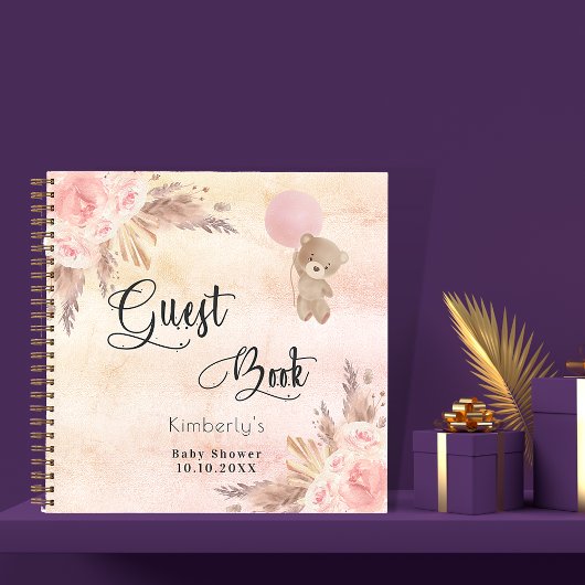 Gästebuch Babydusche Teddy Pampas rot Notizblock