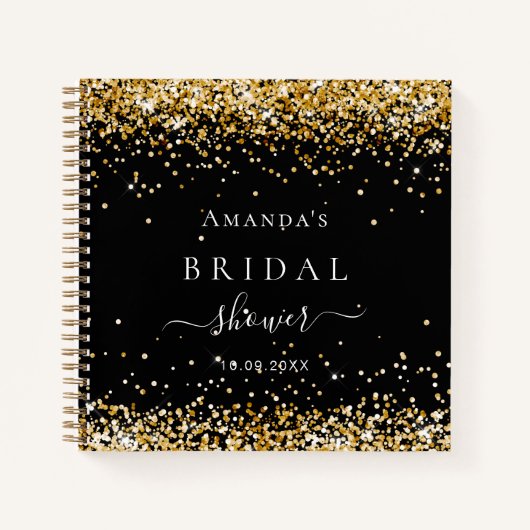 Gästebuch Brautparty Schwarz Gold Glitzer Name Notizblock (Vorderseite)