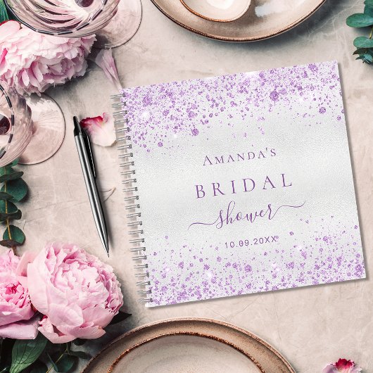 Gästebuch Brautparty Silber lila Glitzer Notizblock