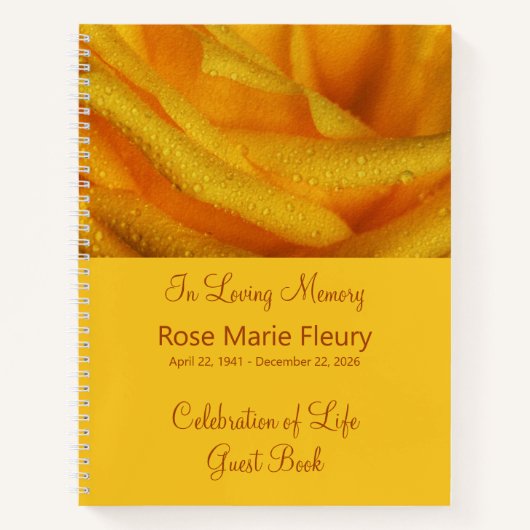 Gästebuch des Yellow Rose Memorial Service Notizblock (Vorderseite)