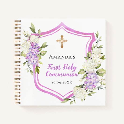 Gästebuch Erste Kommunion Wappen rosa Blume Notizblock (Vorderseite)