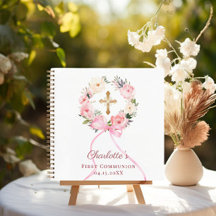 Gästebuch Erstkommunion Blumenkranz rosa Schleife Notizblock