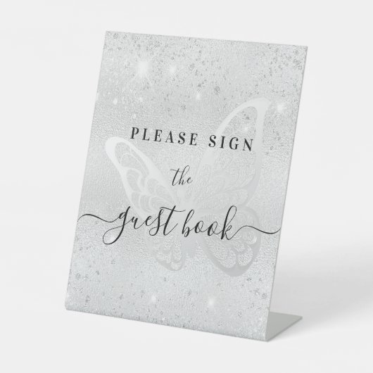 Gästebuch für Silberschmetterlinge im Glitzer Sockelschild (Vorderseite)