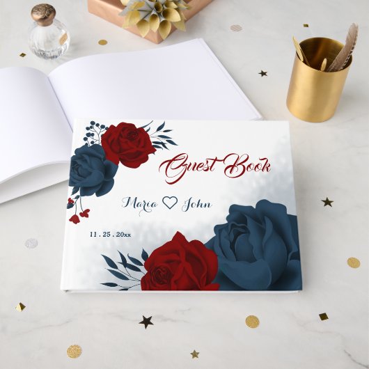 Gästebuch für wunderschöne Blume in Blau und Rot (Vorderseite Offen)