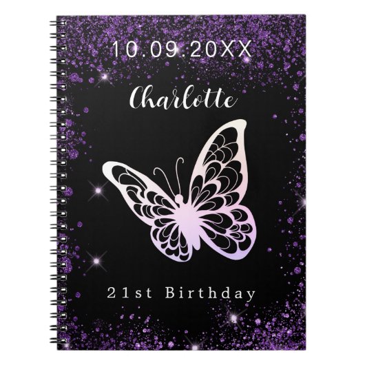Gästebuch Geburtshaus lila Glitzer Schmetterling Notizblock (Vorderseite)
