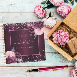 Gästebuch Geburtstag burgundy Silber floral Notizblock