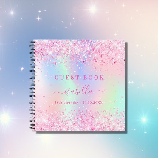 Gästebuch Geburtstag rosa holografische Konfetti Notizblock