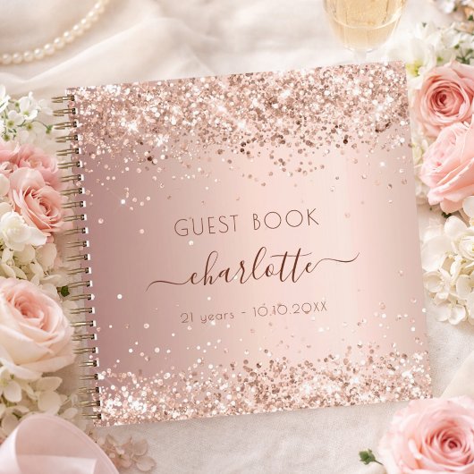 Gästebuch Geburtstag Rose Gold Glitzer Monogramm Notizblock