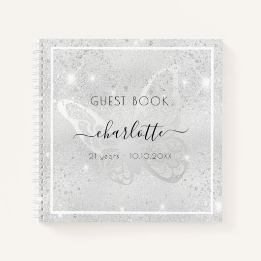 Gästebuch Geburtstag Silberschmetterling Glitzer Notizblock (Vorderseite)