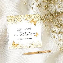 Gästebuch Geburtstag Weißgold Schmetterlinge Glitz Notizblock