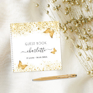 Gästebuch Geburtstag Weißgold Schmetterlinge Glitz Notizblock