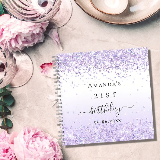 Gästebuch Geburtstagsparty violett-weiß Glitzer Notizblock