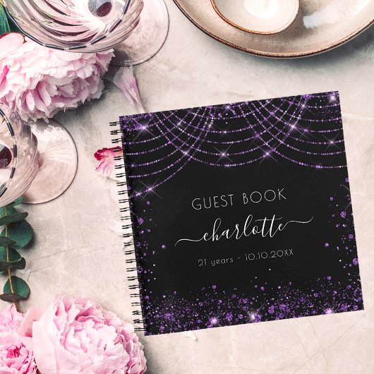 Gästebuch Geburtstagsschwarz lila Glitzer Monogram Notizblock