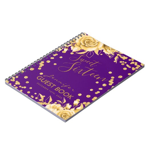 Gästebuch Gold Lila Sweet 16 Glitzer Blumenstrauß Notizblock (Linke Seite)