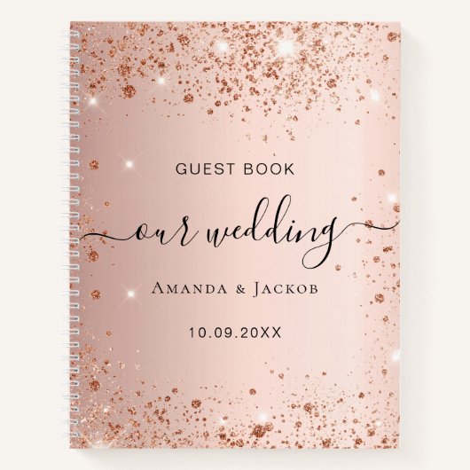 Gästebuch Hochzeit Rose Gold Schwarze Glitzer Name Notizblock (Vorderseite)