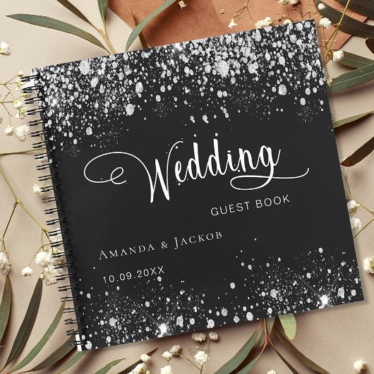Gästebuch Hochzeit schwarz silber Glitzer Namen Notizblock