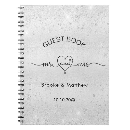 Gästebuch Hochzeit Silber Glitzer mr mrs name Notizblock (Vorderseite)