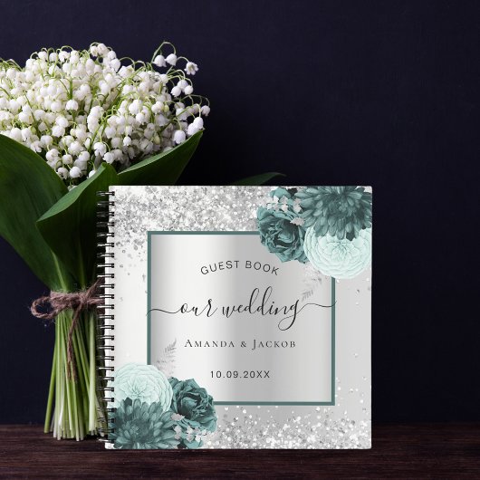 Gästebuch Hochzeit silberne grüne Flora Notizblock