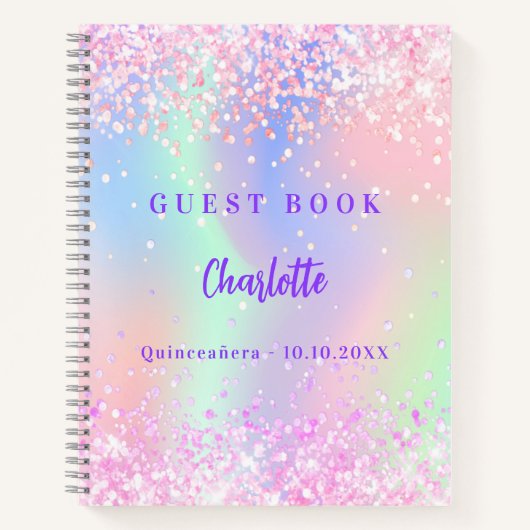 Gästebuch holografisch rosa lila Quinceanera Notizblock (Vorderseite)